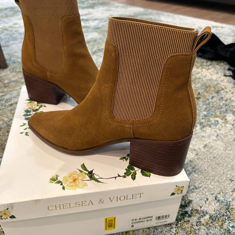 Chelsea & Violet Cognac Suede Ankle Booties
